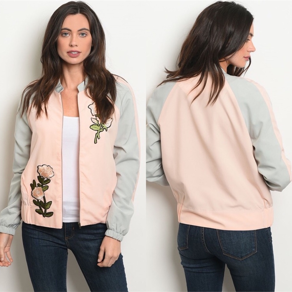 💕HP💕 Pink & Gray Flower Patch Bomber Jacket